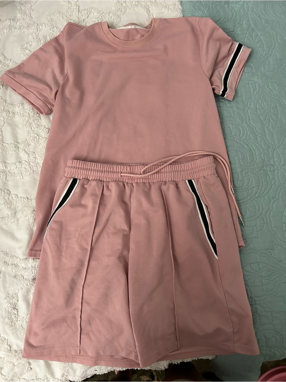 SHEIN Pink Short Sleeve Top and Shorts Set with Stripe Trim